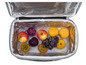 Une glacière remplie de pommes, d'oranges, de raisins et de pêches.