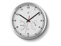 Une horloge ronde en argent avec un thermomètre et un hygromètre.