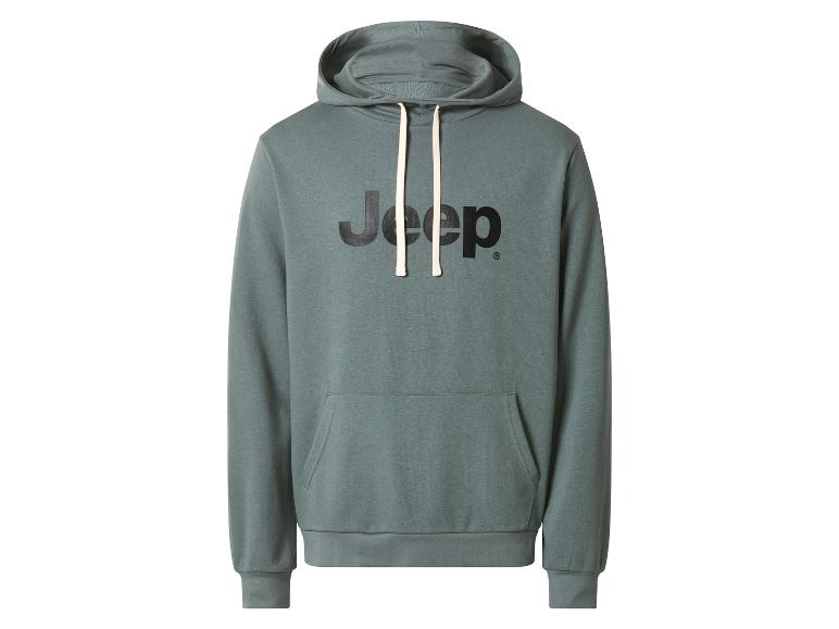 Sweat à capuche Jeep vert avec cordons blancs et poche kangourou.