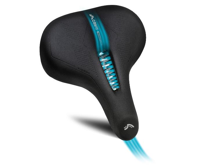 Selle de vélo noire avec insert bleu et texte