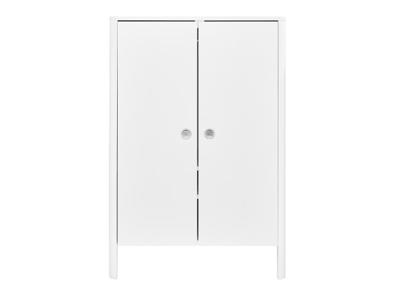 Armoire blanche à deux portes avec poignées rondes.