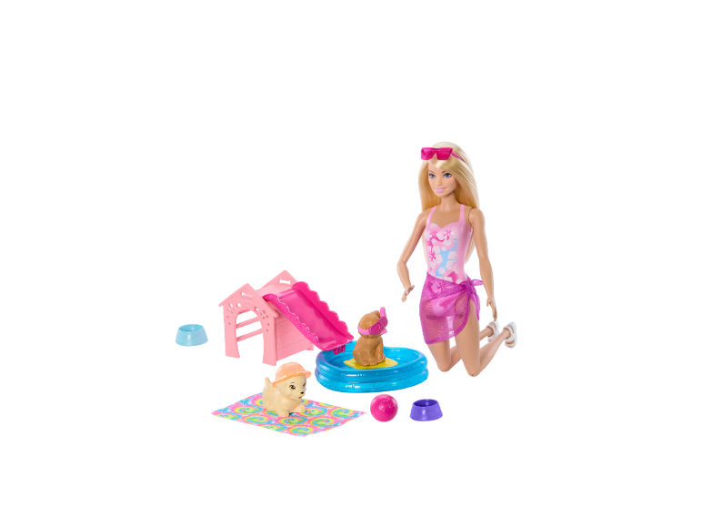 Poupée BARBIE et coffret de jeu avec chiots et piscine