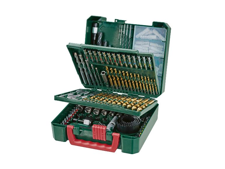 Ensemble de forets et accessoires Parkside dans une boîte verte, avec des forets dorés et argentés.