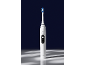 Brosse à dents électrique blanche à poils bleus, affichant « Clean » et une icône de dent.