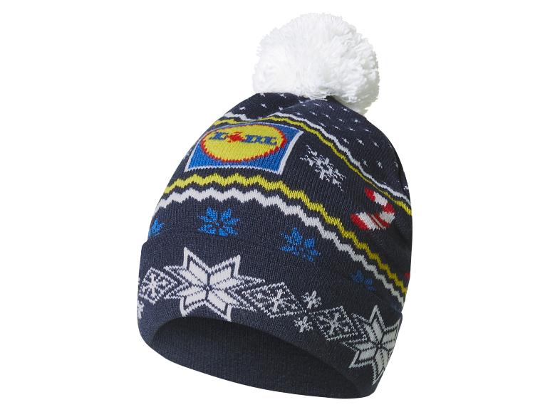 Bonnet tricoté Lidl avec pompon, motif hivernal et flocons de neige