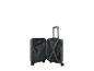 Valise rigide vert foncé ouverte avec poignée extensible et sangles intérieures.