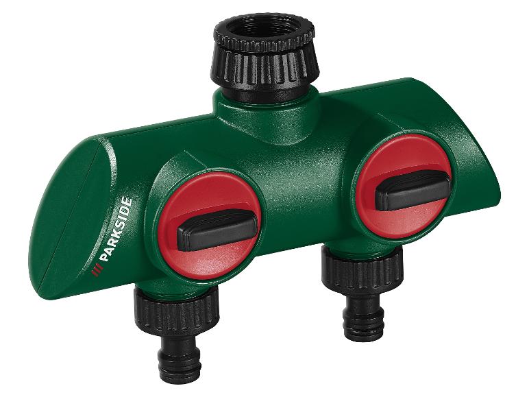 Raccord double Parkside pour arrosage : robinet d'arrêt et raccords de tuyaux.