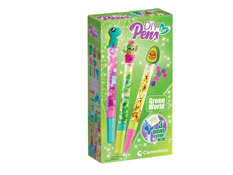 Kit de 3 stylos DIY sur le thème 'Green World' avec paillettes et décorations dinosaures, cactus, avocat.