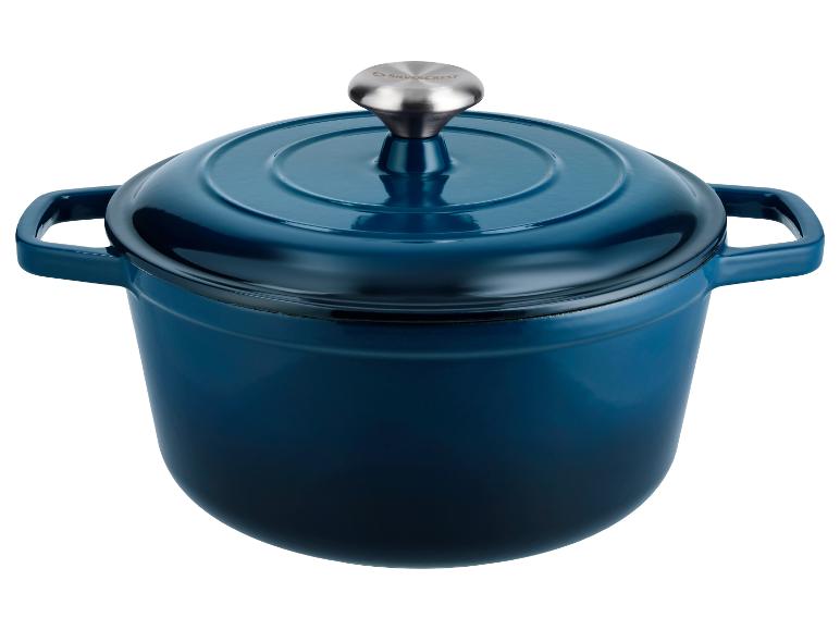 Cocotte en fonte émaillée bleue avec couvercle et bouton argenté.