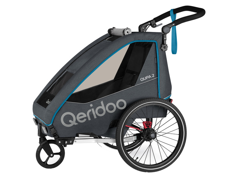 Une remorque vélo Qeridoo QUPA 2 grise avec une grande roue.