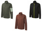 Trois vestes pour homme avec fermeture éclair : noire avec des accents jaunes, vert foncé avec vert clair et marron avec du cuir marron.