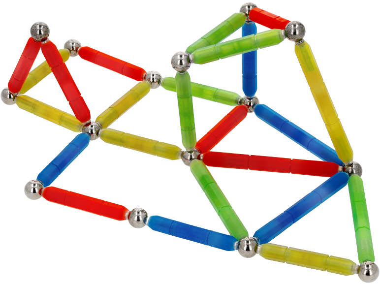 Bâtonnets et billes magnétiques colorés formant une structure géométrique complexe.