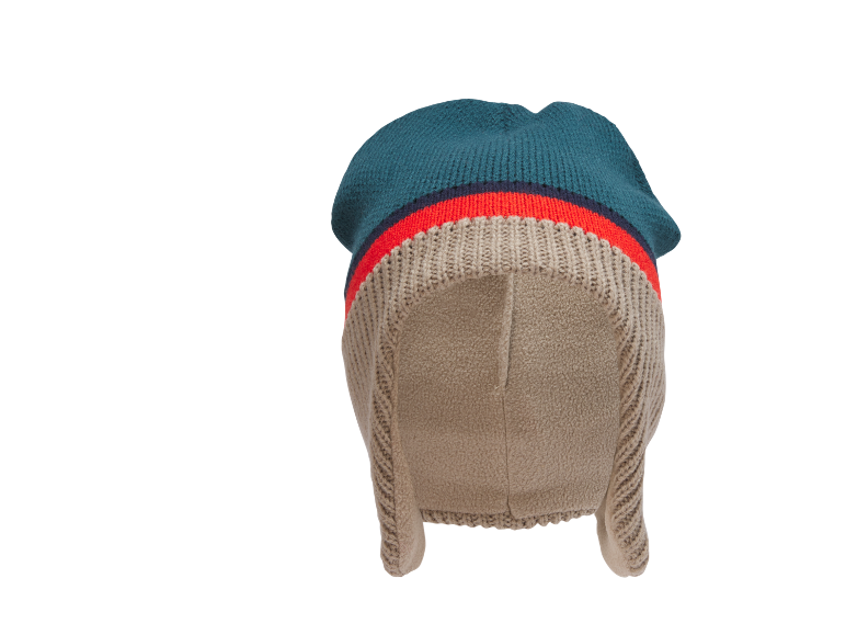 Bonnet d'hiver tricoté bleu sarcelle, rouge et beige avec doublure en polaire.