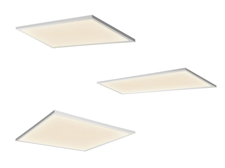Trois panneaux lumineux LED blancs et rectangulaires sur fond blanc.