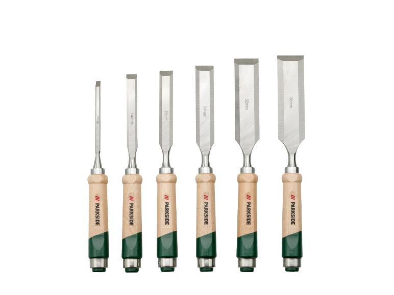 Un ensemble de six ciseaux à bois Parkside avec manches en bois, de 6mm à 35mm.