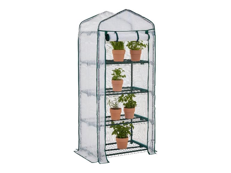 Serre de jardin verticale à 4 étagères avec plantes en pots de terre cuite.