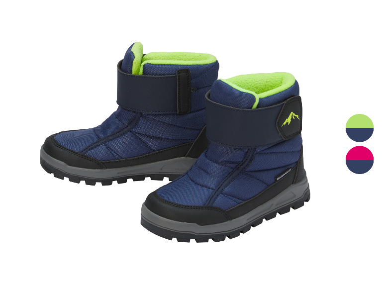 Bottes d'hiver pour enfants bleues avec doublure verte et fermeture velcro, disponibles en deux couleurs.