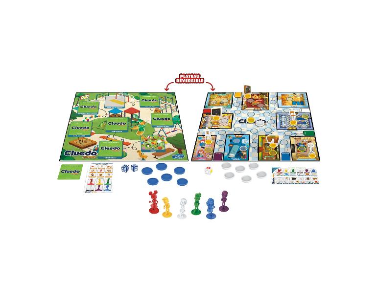 Le jeu de société Cluedo Junior avec deux plateaux et des pions.