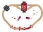 Ensemble de train en bois sur le thème des pompiers, avec un train, un hélicoptère et un camion de pompiers.