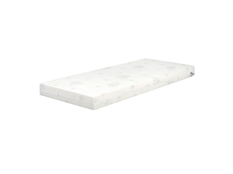 Matelas de berceau blanc avec motif d'étoiles et texte 'SAFE ASLEEP'