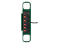 Multiprise verte avec six prises, interrupteurs individuels, ports USB et deux lumières LED.
