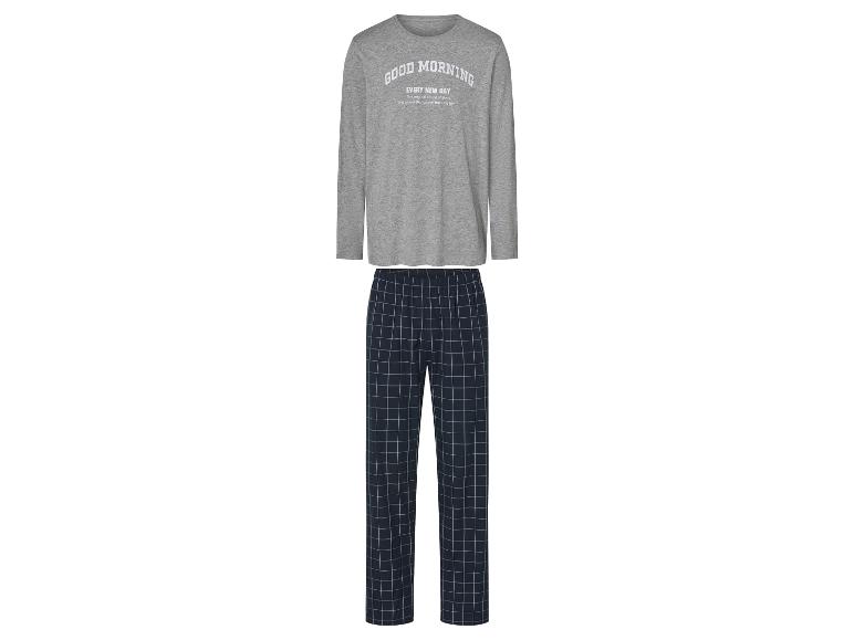 Pyjama homme manches longues, haut gris et pantalon bleu à carreaux.