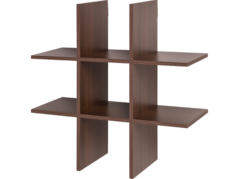 Étagère modulaire en bois marron avec plusieurs compartiments sur fond noir.