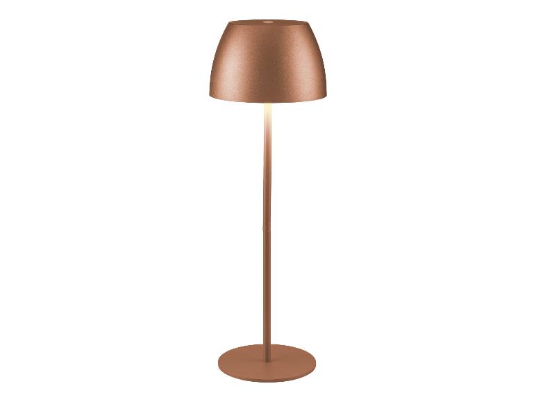 Lampadaire moderne en cuivre avec abat-jour et base ronde.