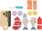 Ensemble de jouets alimentaires en bois avec planche à découper, couteau, poisson, viande, saumon, oignons et citrons.