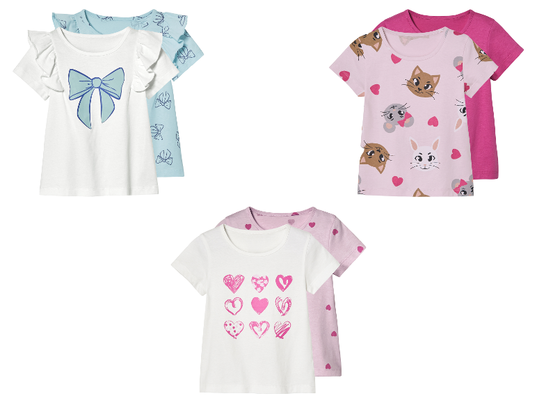 T-shirts pour enfants avec des chats, des cœurs et des nœuds.