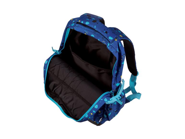 Sac à dos bleu avec motif éclaboussures colorées, ouvert, intérieur noir et fermeture éclair turquoise.