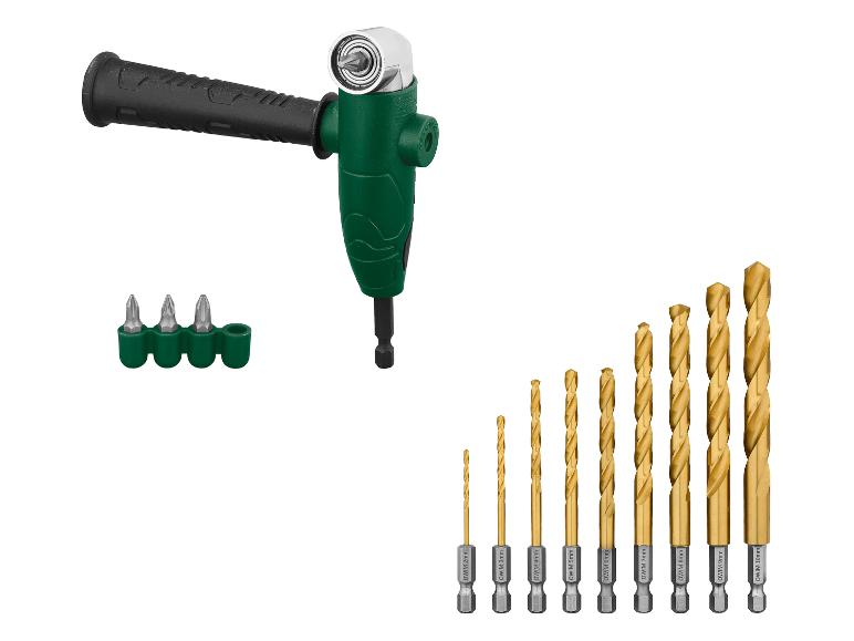 Un accessoire de perceuse à angle droit vert avec différentes mèches et embouts de tournevis.