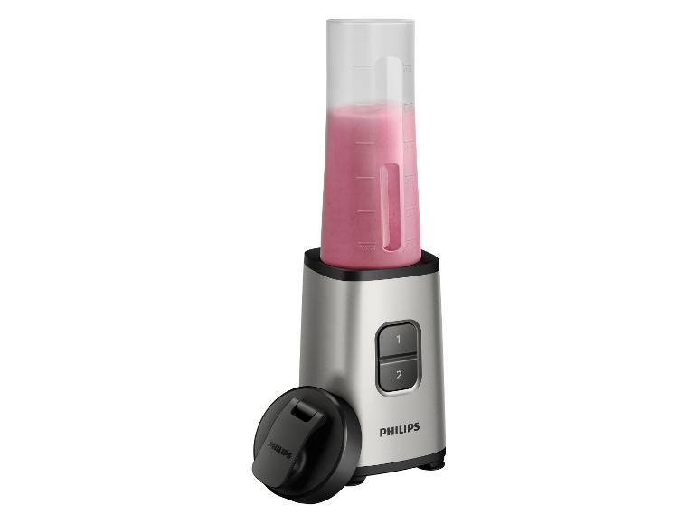 Mixeur Philips pour smoothies avec boisson rose et couvercle noir.