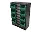 Organisateur de rangement avec bacs verts et compartiments transparents pour petits outils.