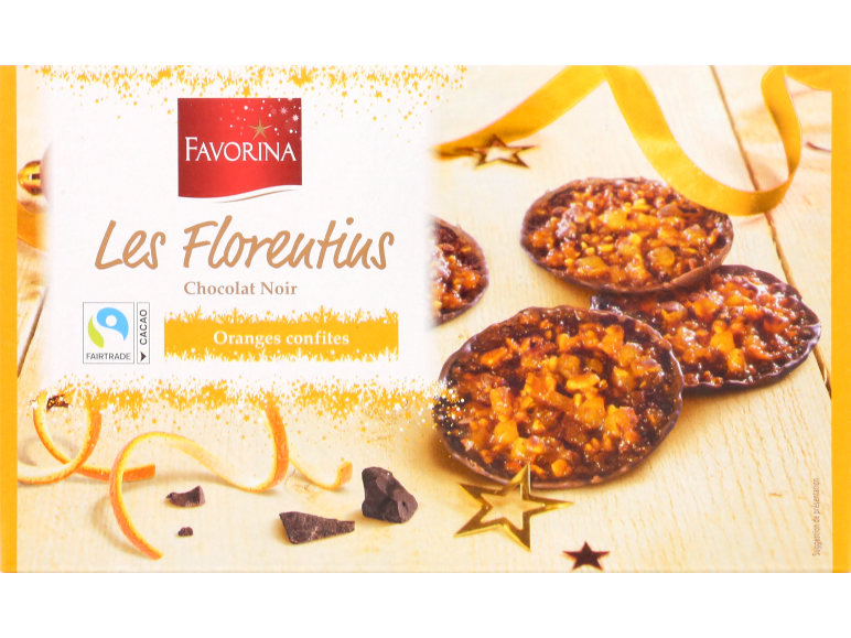 Florentins au chocolat noir et oranges confites, cacao Fairtrade.