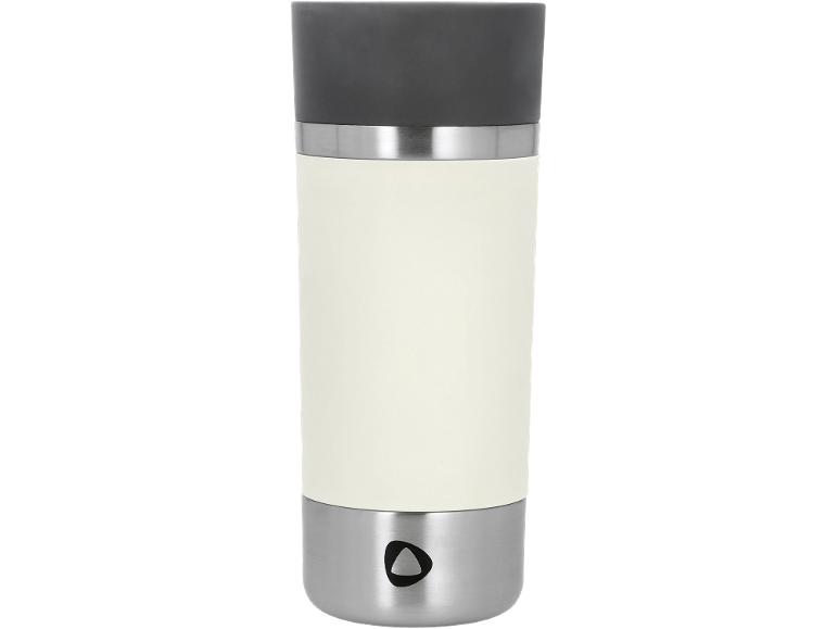 Mug isotherme gris, blanc et argenté avec un bouton triangulaire.