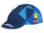 Casquette de cyclisme bleue avec motifs géométriques et logos.