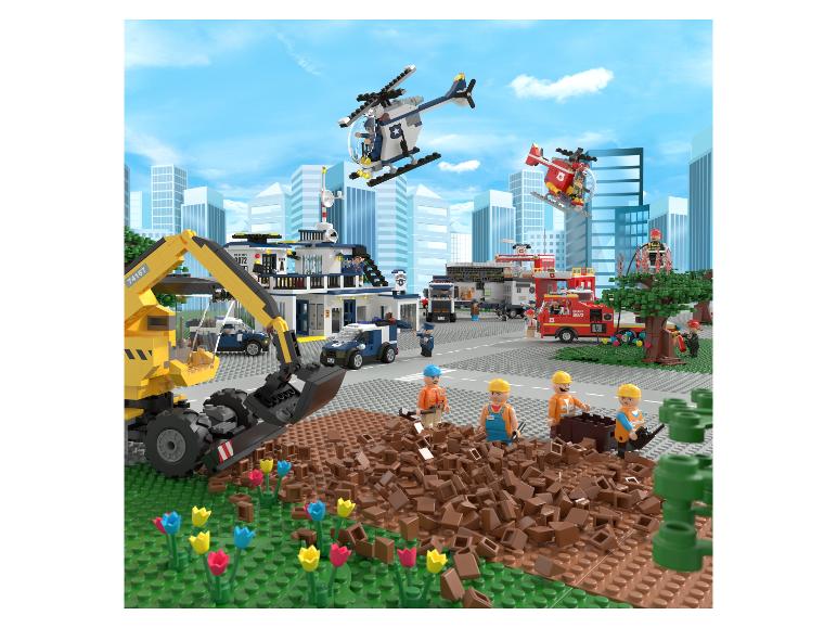 Ensemble de jeu Lego City avec police, pompiers et chantier de construction.
