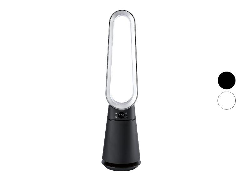 Ventilateur tour sans pales noir et argenté avec affichage numérique, avec options de couleur noire et blanche.