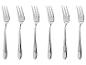 Six fourchettes à dessert argentées disposées verticalement sur fond blanc.
