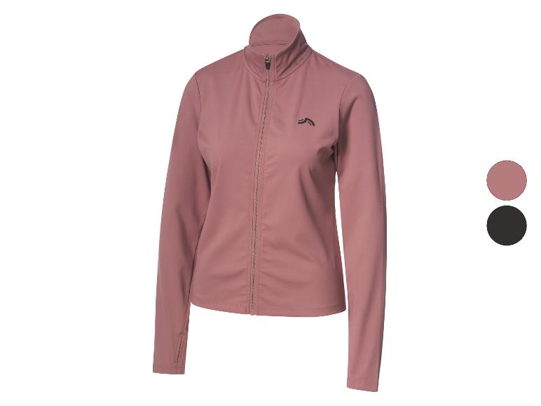 Veste de sport rose avec fermeture éclair et logo noir, avec options de couleur affichées.