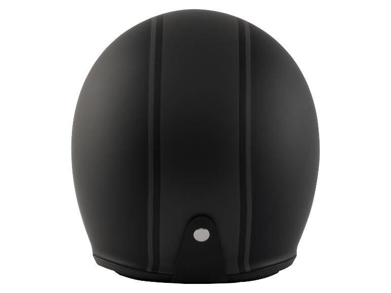 Vue arrière d'un casque de moto noir mat avec deux bandes foncées.