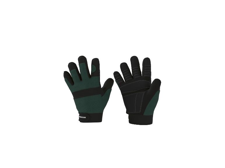 Une paire de gants de travail verts et noirs avec manchette ajustable.