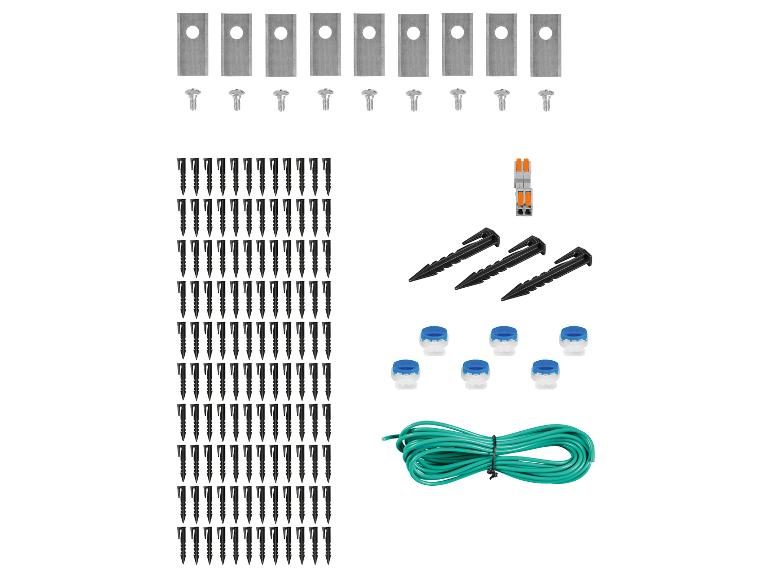 Kit d'accessoires pour tondeuse robot avec lames, vis, piquets, connecteurs et câble.