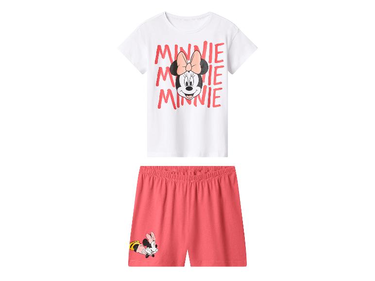 Pyjama pour fille avec un haut blanc à manches courtes et un short corail imprimé Minnie Mouse.