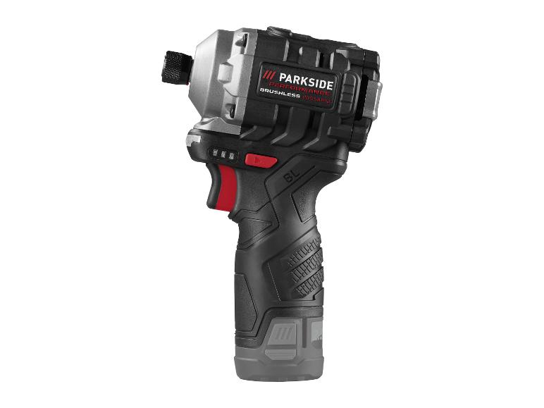 Visseuse à chocs sans fil avec corps noir et gris, gâchette rouge et poignée texturée.