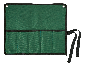 Trousse à outils enroulable verte avec poches et sangles de fermeture.