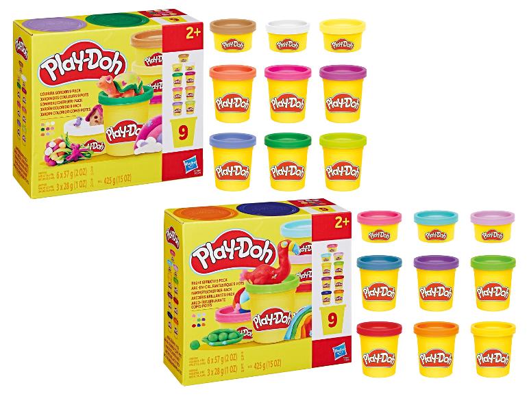 Deux ensembles Play-Doh de 9 pots, un sur le thème du jardin et un sur le thème de l'arc-en-ciel.