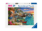 Puzzle de 1000 pièces représentant un paysage côtier pittoresque en Grèce au coucher du soleil.