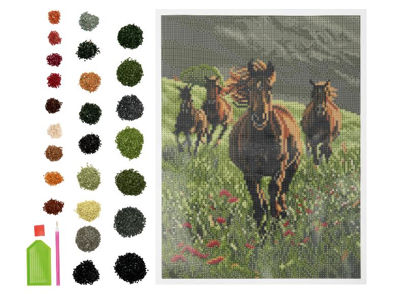 Kit broderie diamant : chevaux au galop, paysage verdoyant.